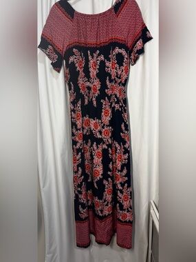 Black & Red Floral Maxi Dress with Pink Accents